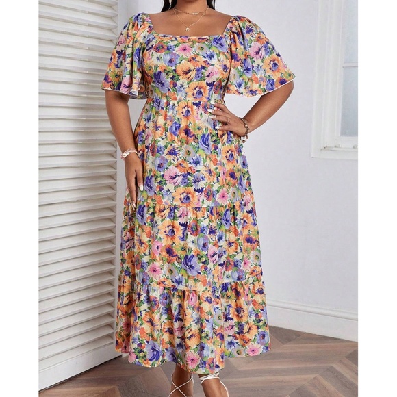 Plus Multicolor Floral Print Butterfly Sleeve Tie Back Maxi Dress - Picture 4 of 6